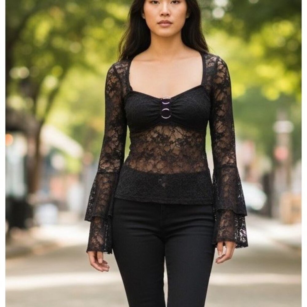 Whimsigoth Sheer Black Lace Womens Small Bell Sleeve Fairy Witchy Top Femme